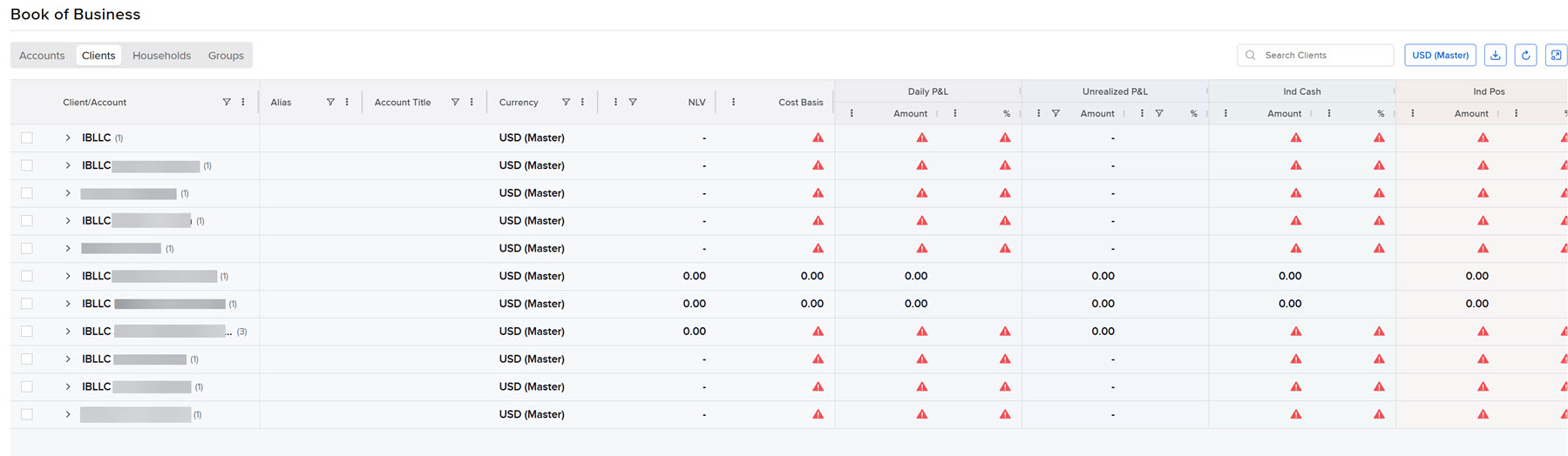 The book of business clients page in portal